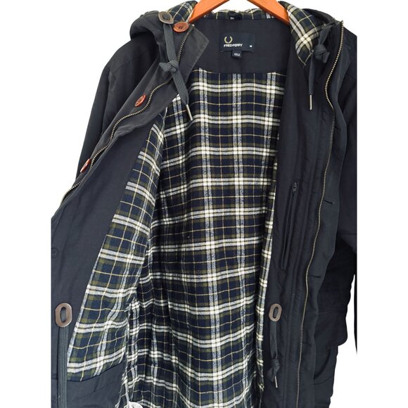 Fred Perry Mens Navy Hooded Parka Jacket With Plaid Lining & Button Details Size - Picture 4 of 9